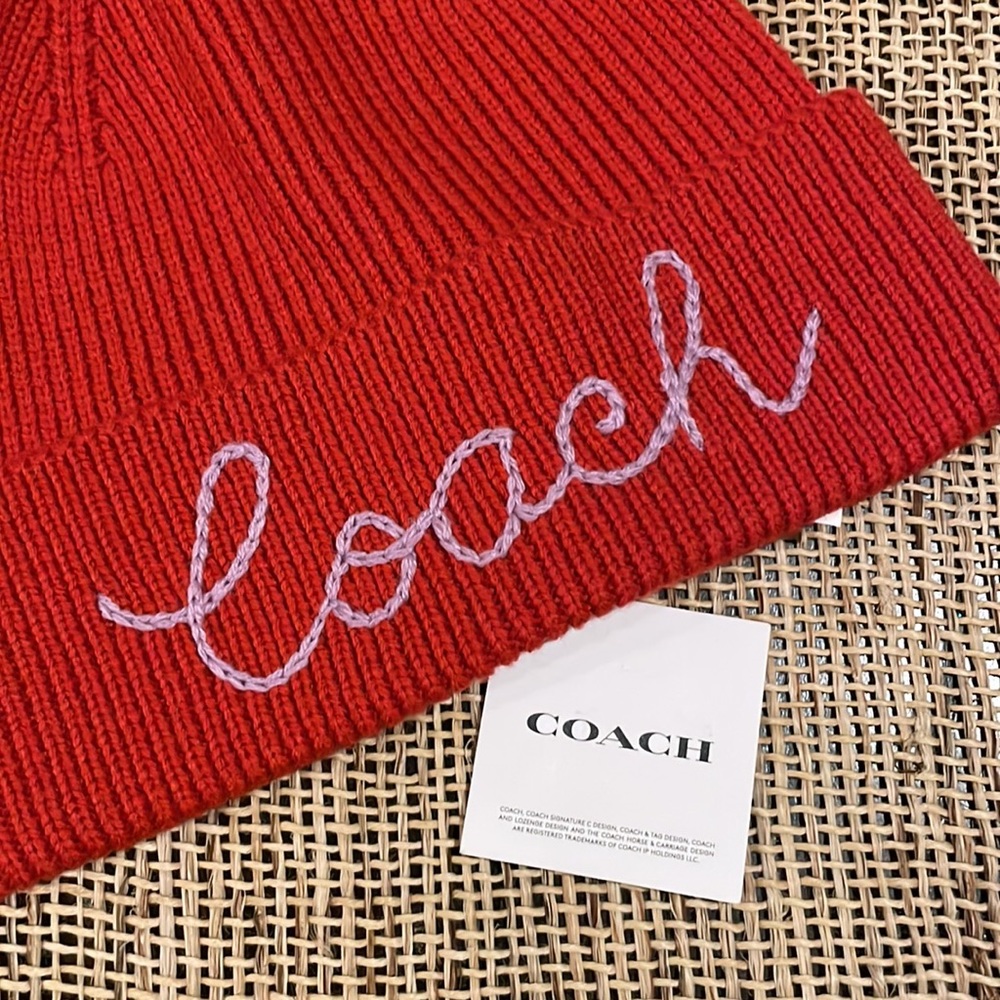 COACH Script Logo Pom Pom Beanie, NWT - Picture 2 of 8